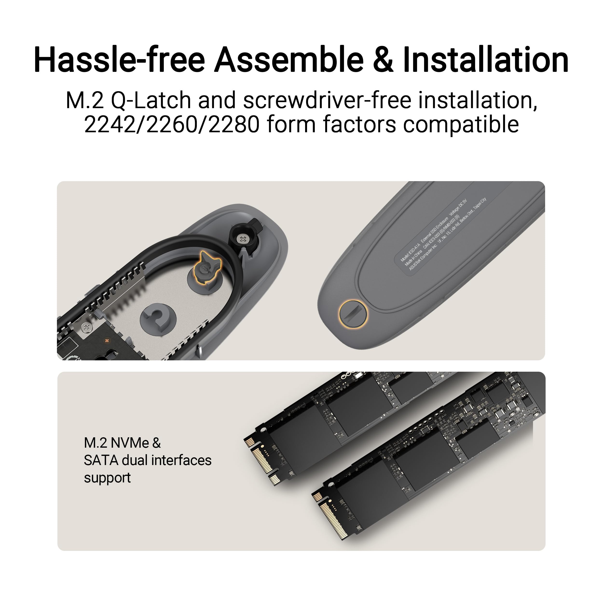 ASUS Cobble USB-C 3.2 Gen 2x1 SSD enclosure SSD case 10Gbps dual M.2 NVMe PCIe and SATA interfaces Grey