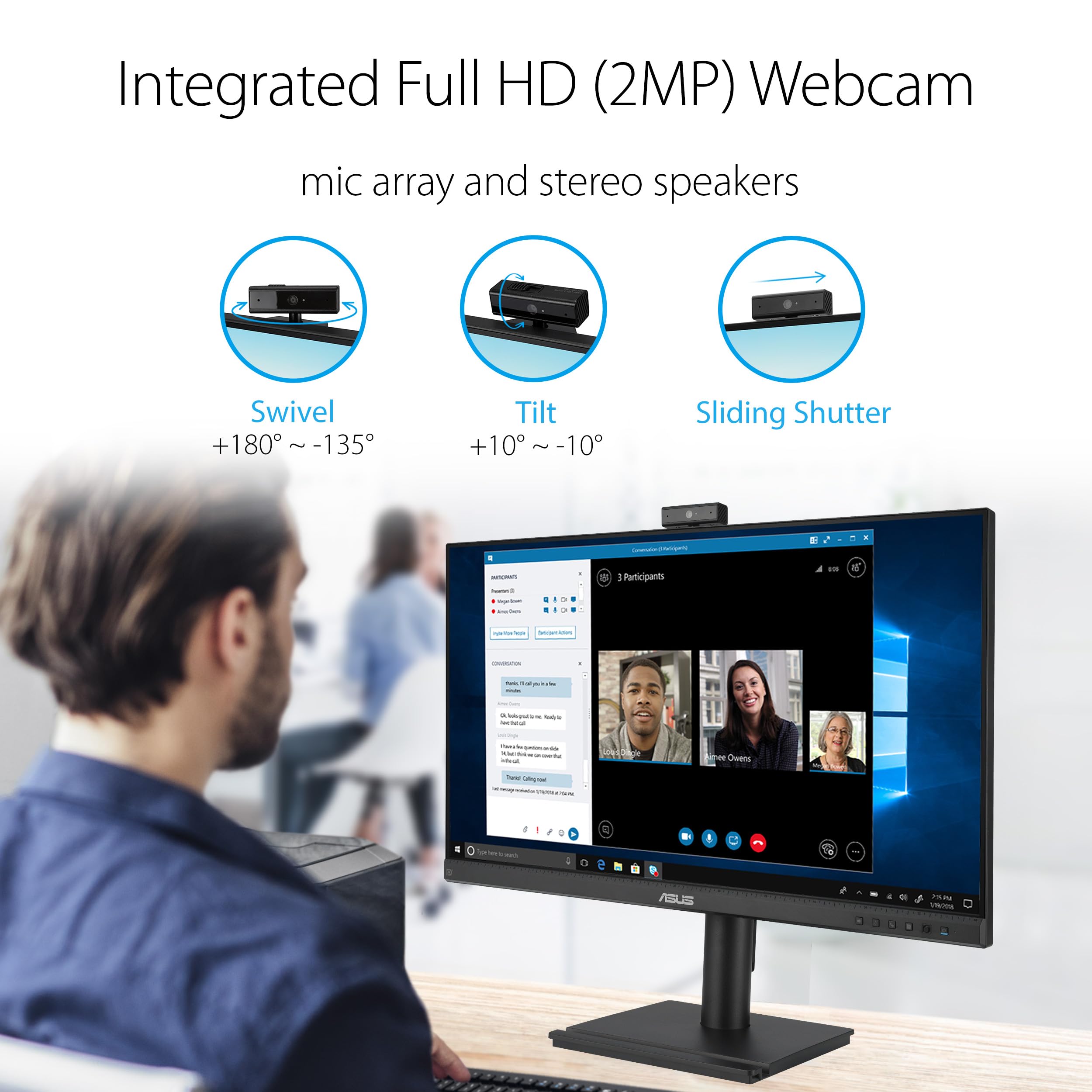 ASUS BE249QFK Video Conferencing monitor 23.8p IPS WLED FHD 16:9 100Hz 250cd/m2 5ms HDMI DP D-Sub 2.0M Camera Black
