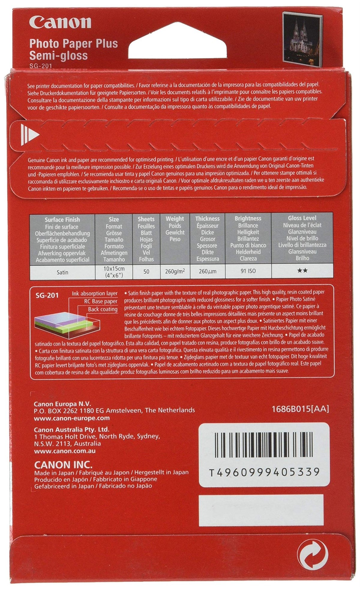 CANON SG-201 semi brillant photo  papier inkjet 260g/m2 4x6 inch 50 feuilles pack de 1
