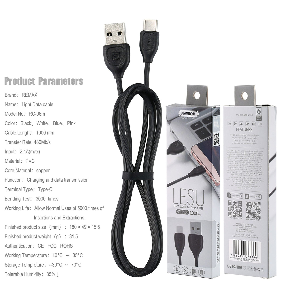 Câble Data Type-C vers USB - 1m - Noir (Compatible, Blister)