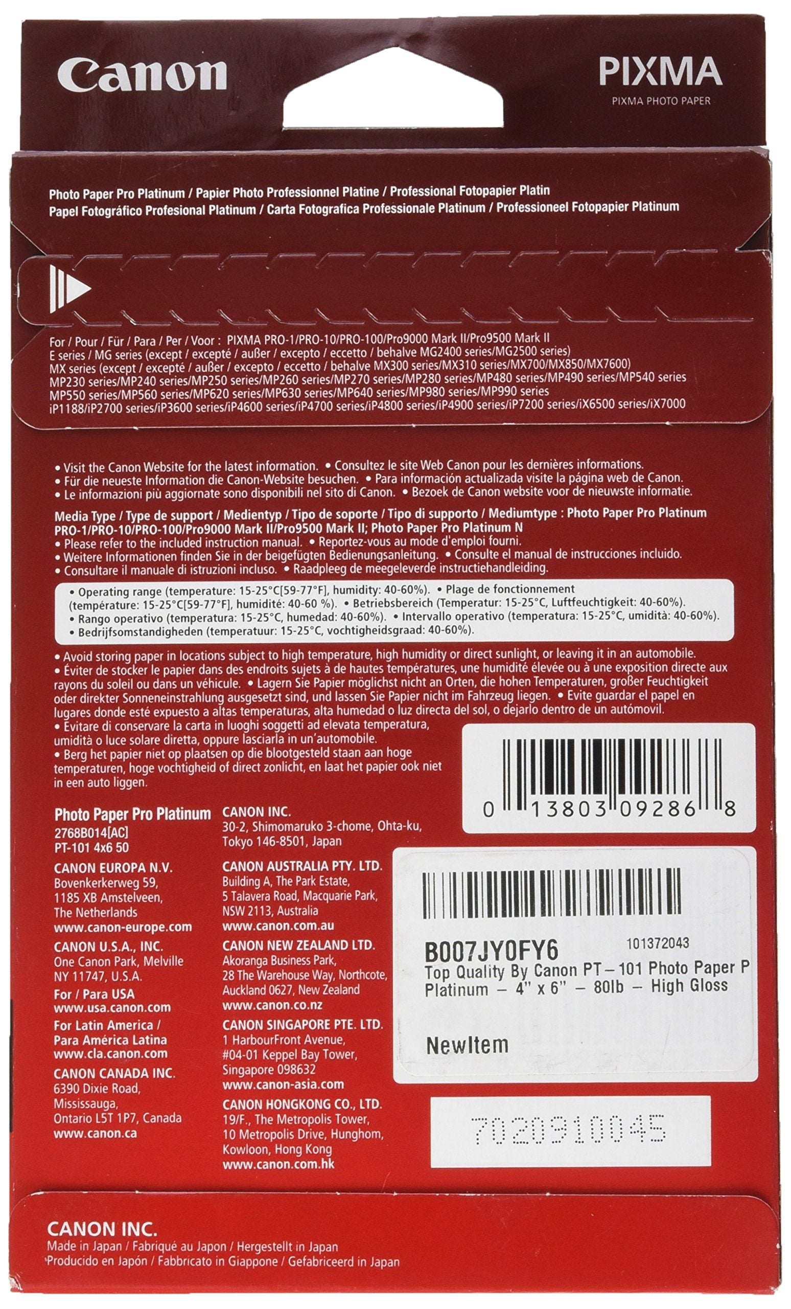 CANON PHOTO PAPER PRO PLATINUM (PT-101) 4x6 50 Sheets