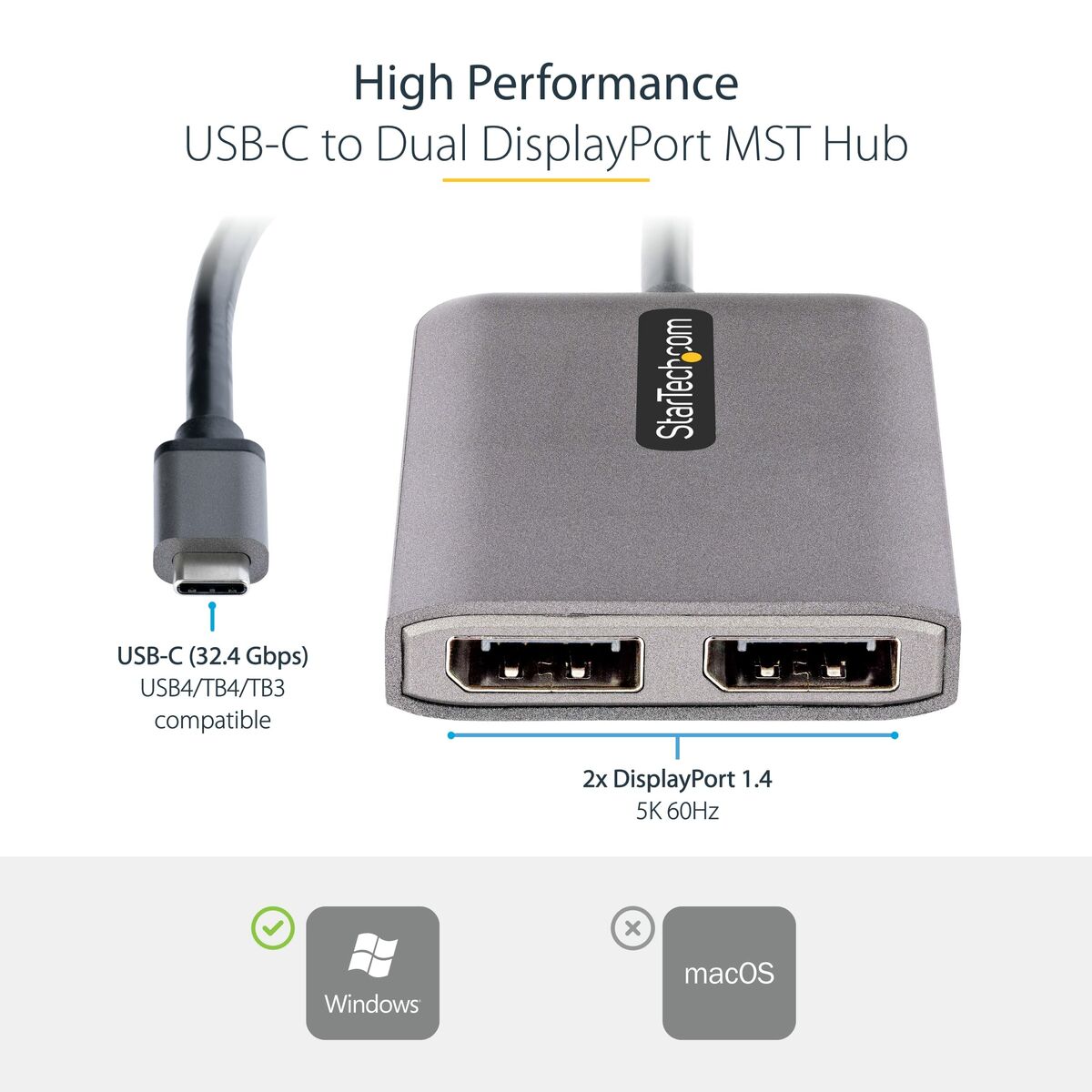 2-Port USB-C to DisplayPort MST Hub 4K