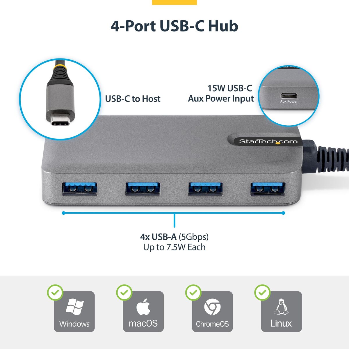 4-Port USB-C Hub 5Gbps Bus Powered