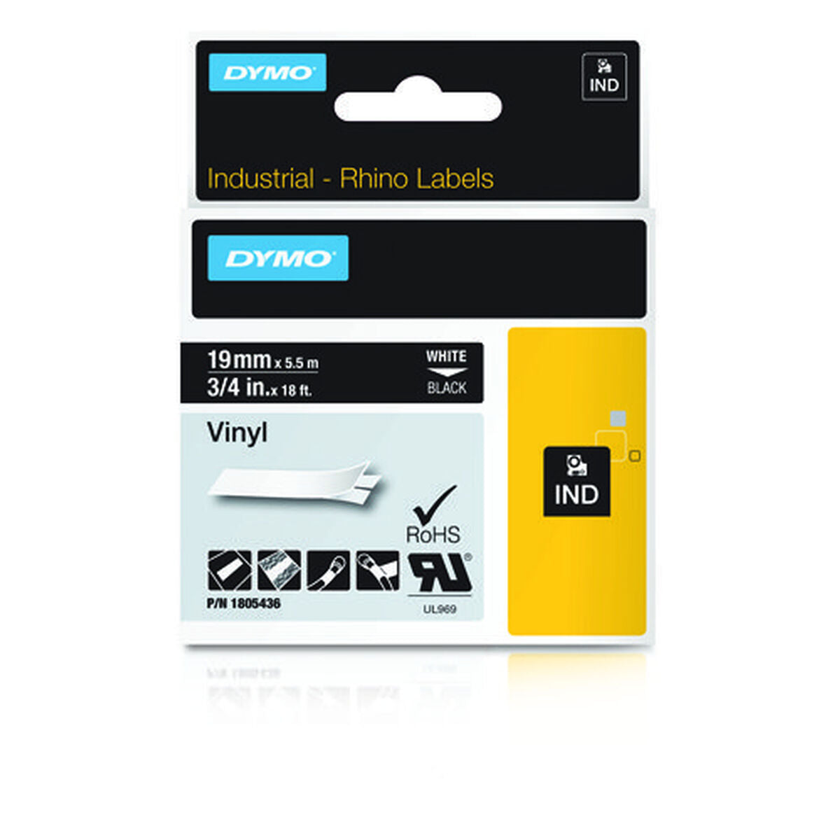 DYMO Rhino étiquette indus. Vinyle 19 mm x 5,5 m blanc/noir