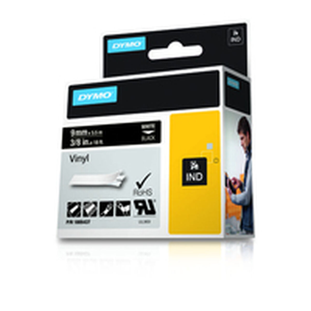 DYMO Etiquette Rhino vinyle blanc sur noir 9 x 5,5 mm