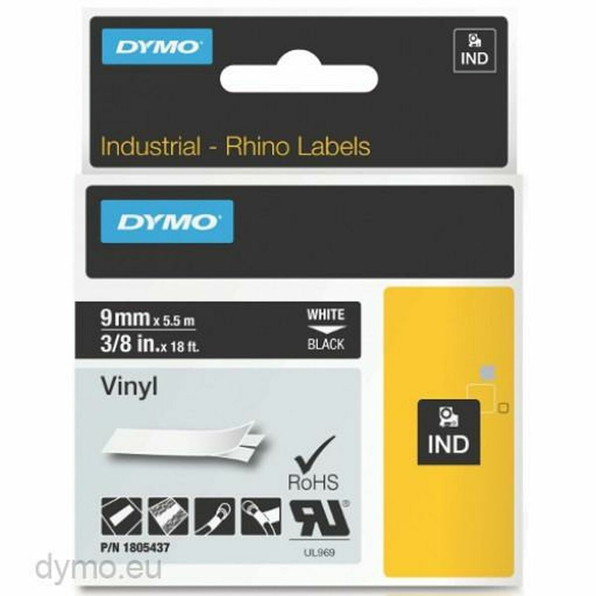 DYMO Etiquette Rhino vinyle blanc sur noir 9 x 5,5 mm