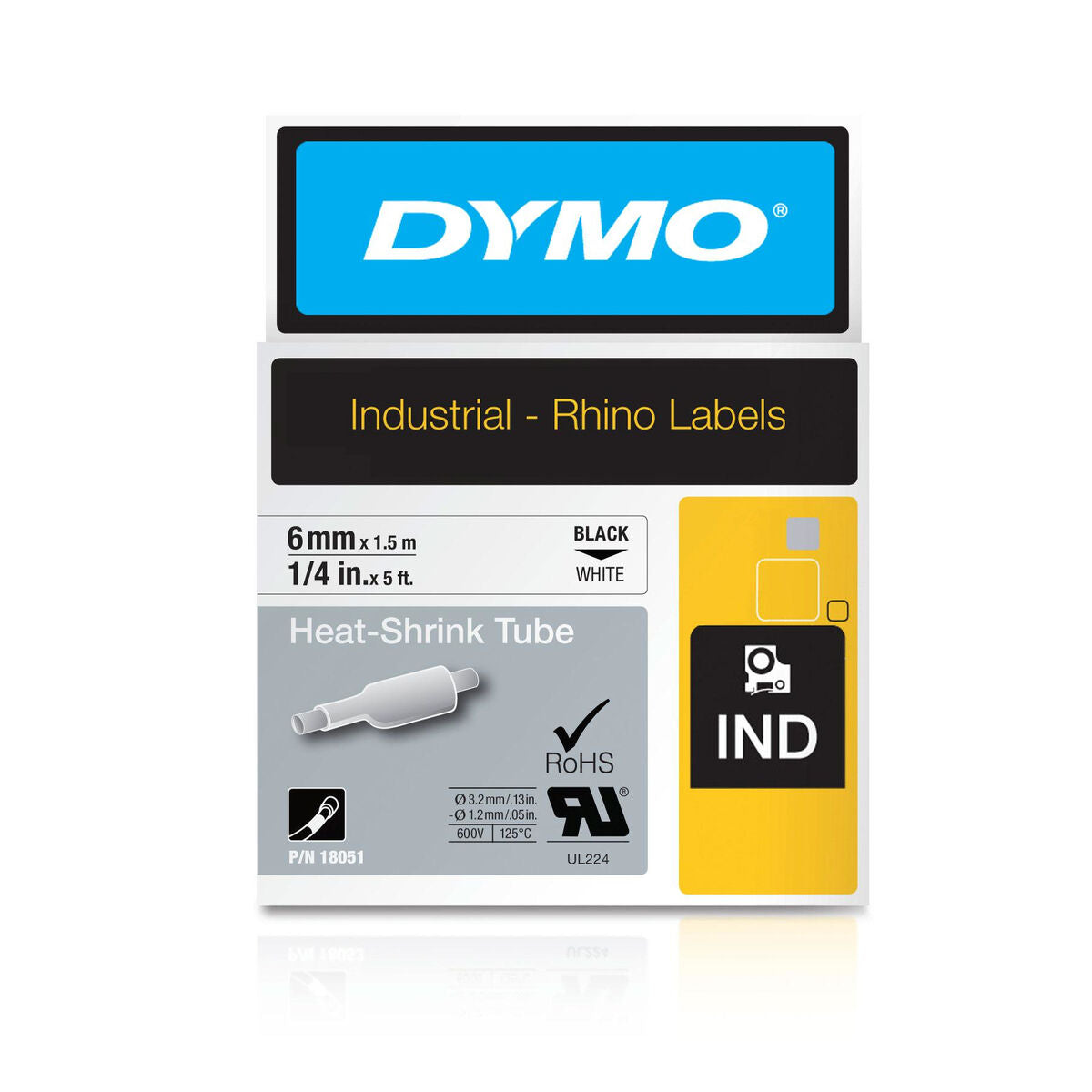 DYMO Rhino Etiquette industrielle gaine thermorétractable 6mm x 1,5m noir/blanc