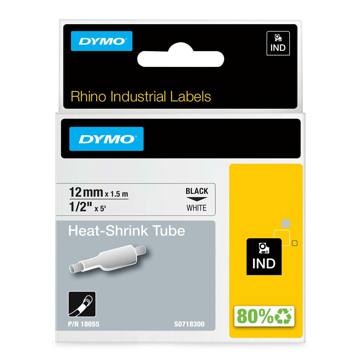 DYMO Rhino Etiquette industrielle gaine thermorétractable 12mm x 1,5m noir/blanc