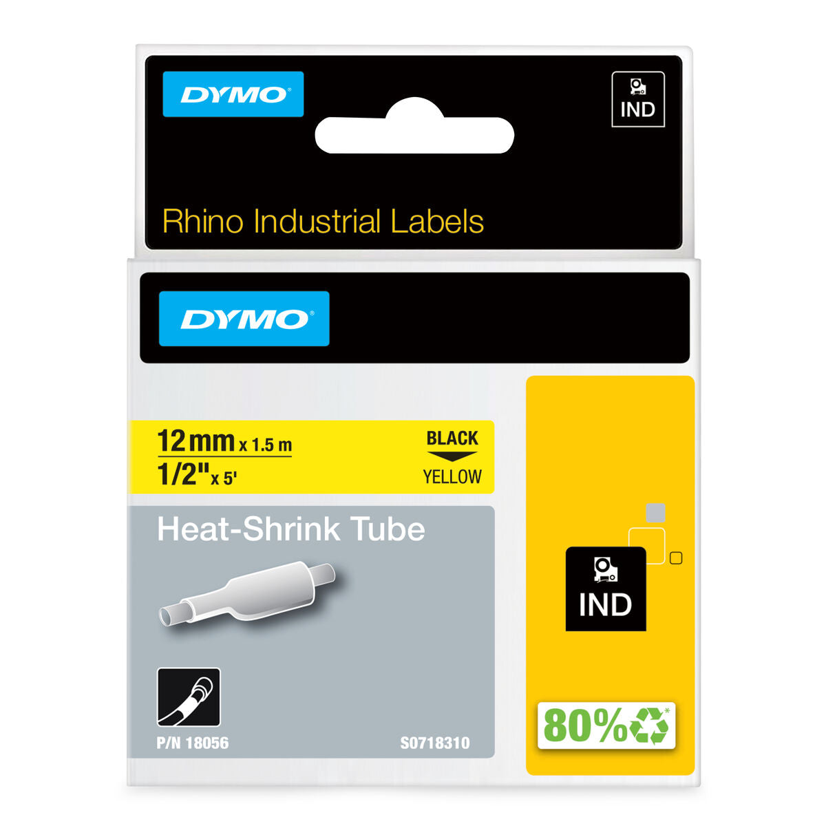 DYMO Rhino Etiquette industrielle gaine thermorétractable 12mm x 1,5m noir/jaune