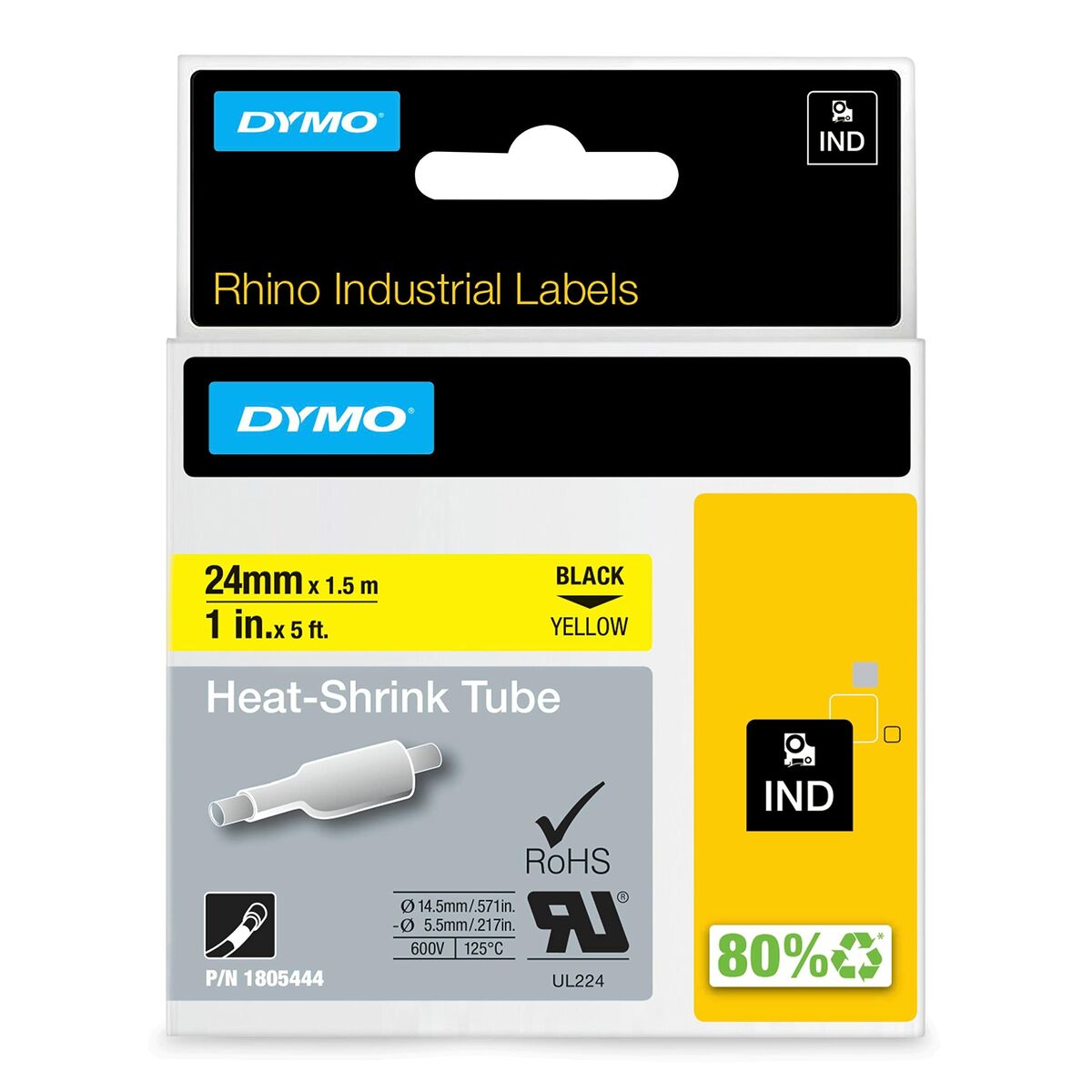 DYMO Rhino Etiquette industrielle gaine thermorétractable 12mm x 1,5m noir/jaune