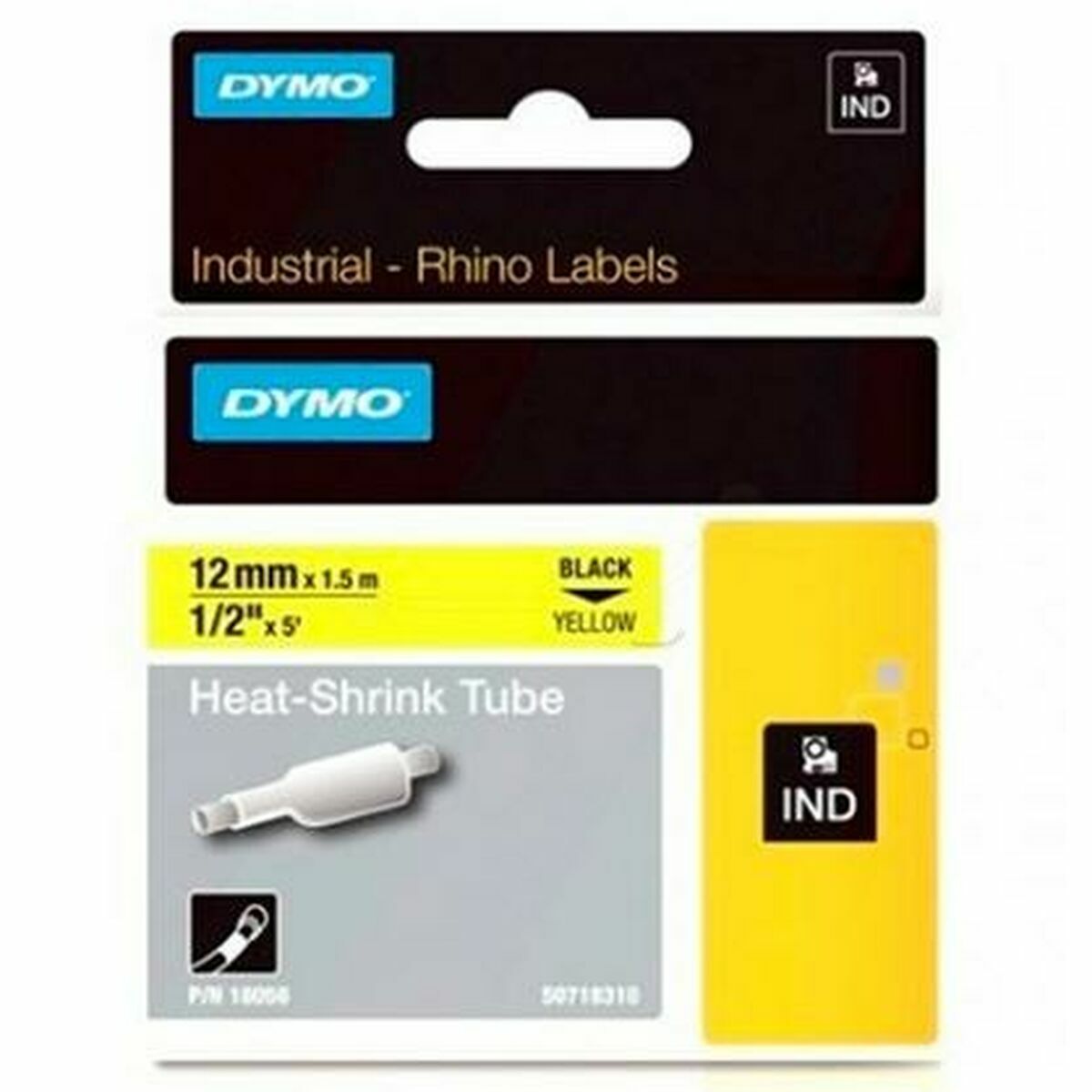 DYMO Rhino Etiquette industrielle gaine thermorétractable 12mm x 1,5m noir/jaune