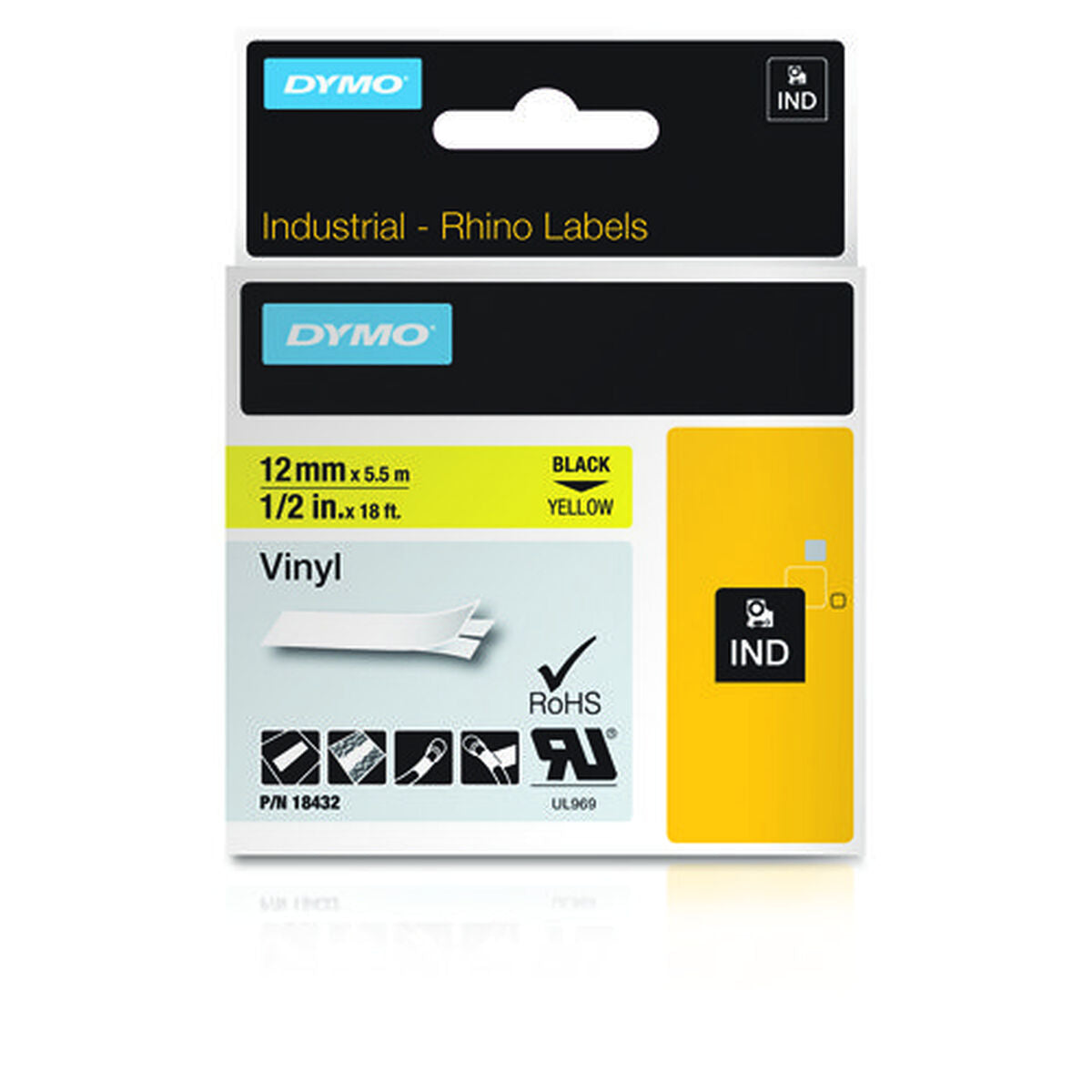 DYMO Rhino Etiquette industrielle Vinyle 12 mm x 5,5 m noir/jaune