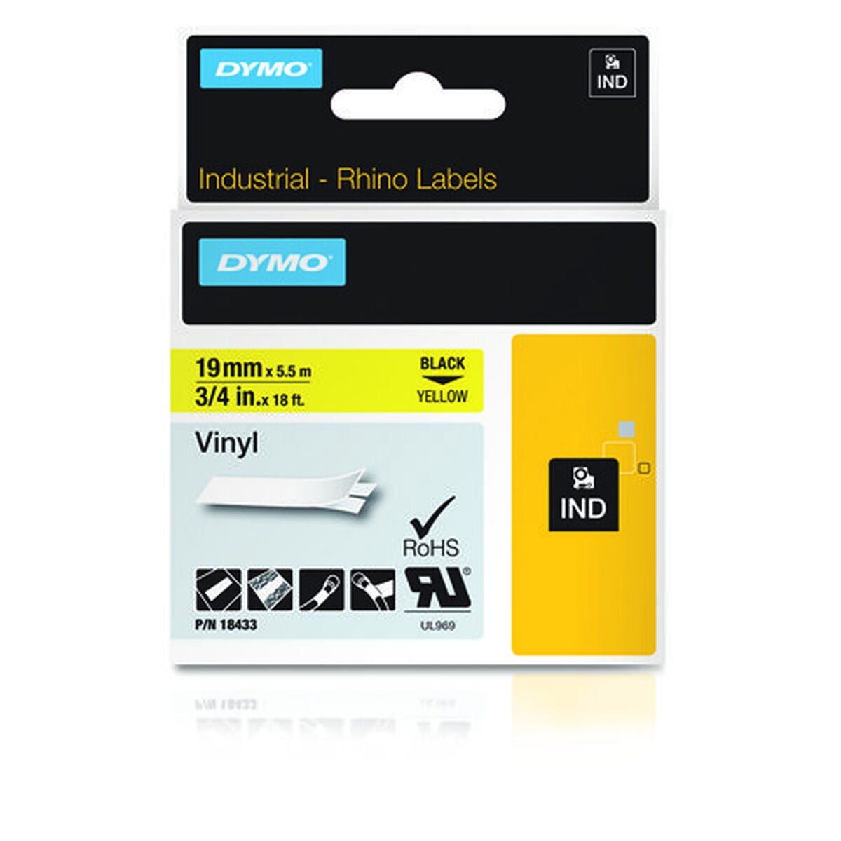 DYMO Rhino Etiquette industrielle Vinyle 19 mm x 5,5 m noir sur jaune