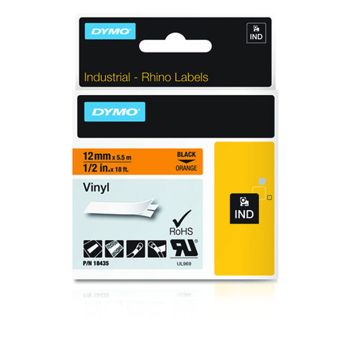 DYMO Rhino Etiquette industrielle Vinyle 12 mm x 5,5 m noir/orange