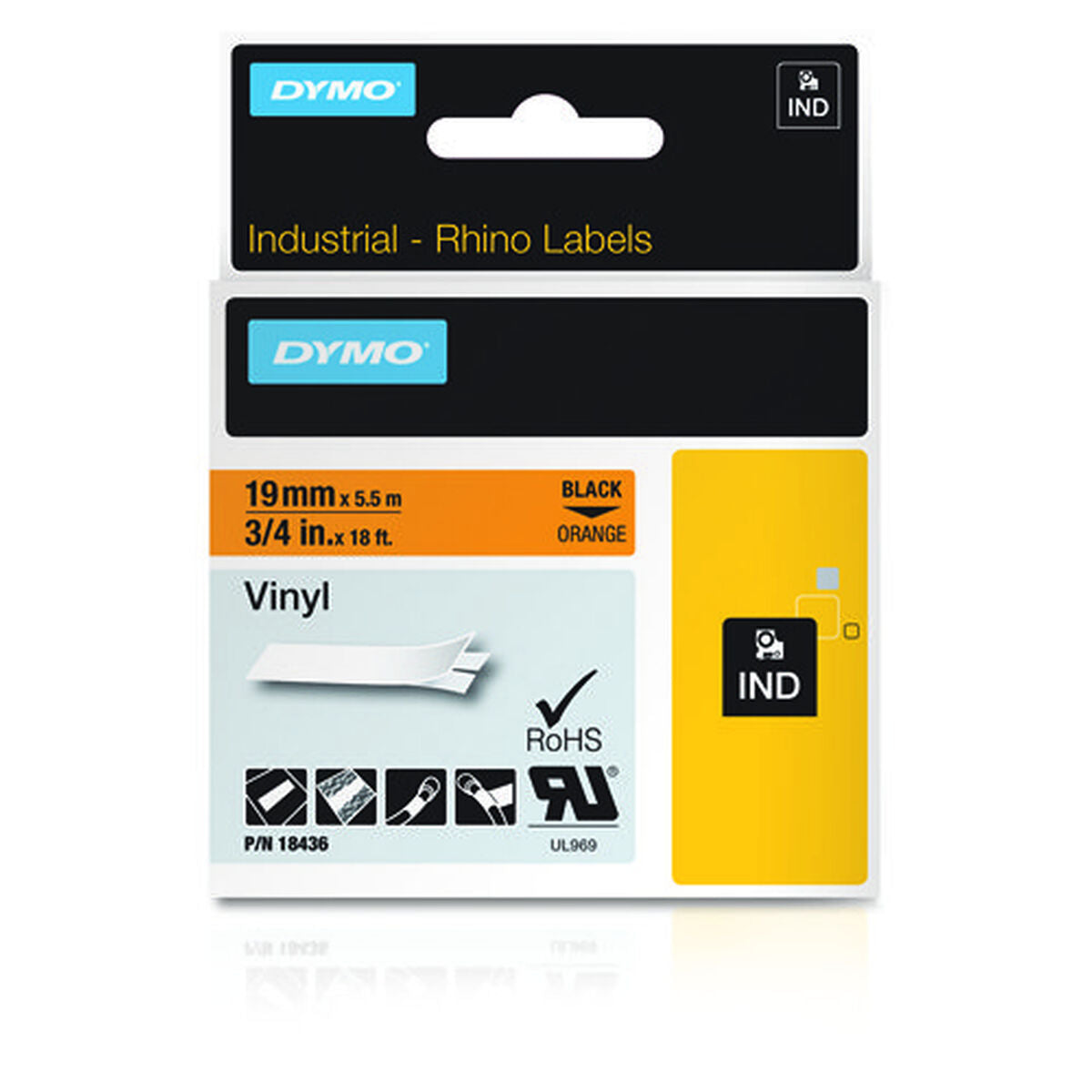 DYMO Rhino Etiquette industrielle vinyle 19 mm x 5,5 m noir/orange
