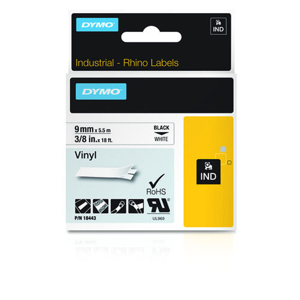 DYMO Rhino Etiquette industrielle  Vinyle 9 mm x 5,5 m noir/blanc