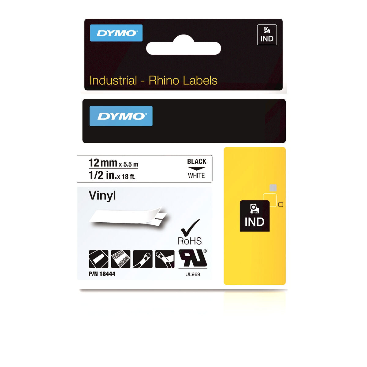 DYMO Rhino Etiquette industrielle Vinyle 12 mm x 5,5 m noir sur blanc