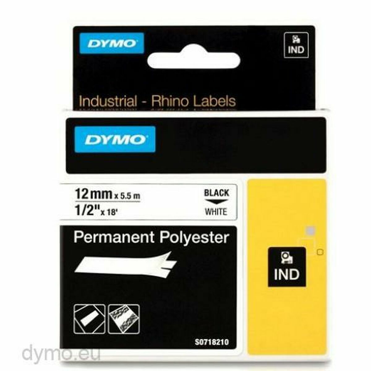 DYMO Rhino Etiquette industrielle Polyester permanent 12mm x 5,5m noir/blanc