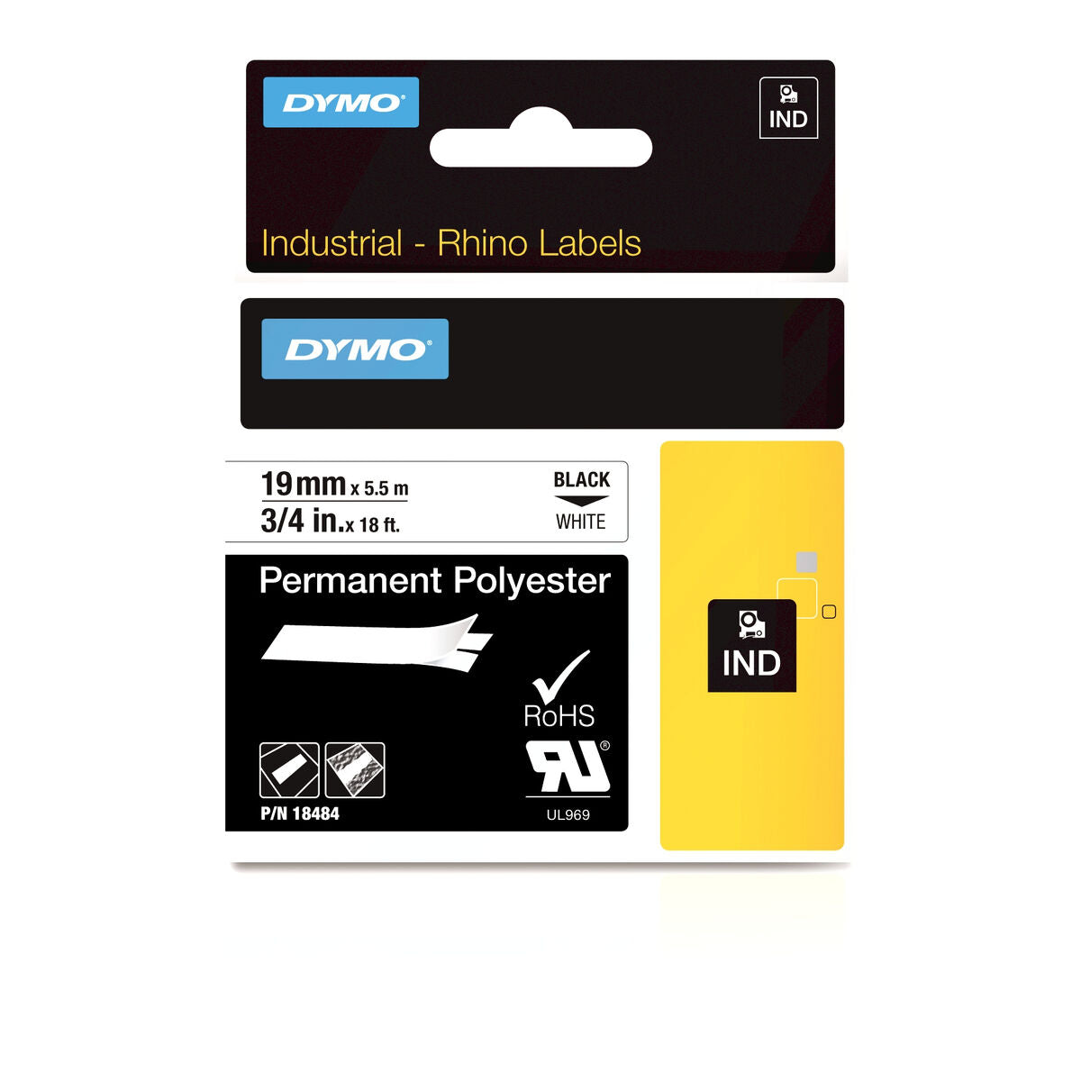 DYMO Rhino Etiquette industrielle Polyester permanent 19mm x 5,5, m noir/blan