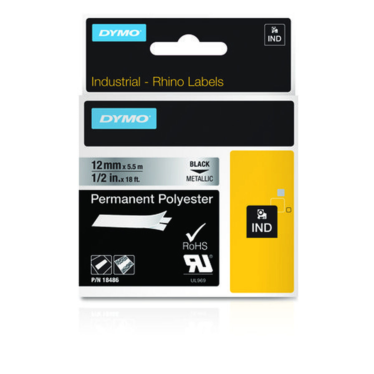 DYMO Rhino Etiquette indus. Polyester permanent 12mm x 5,5m noir/métallique