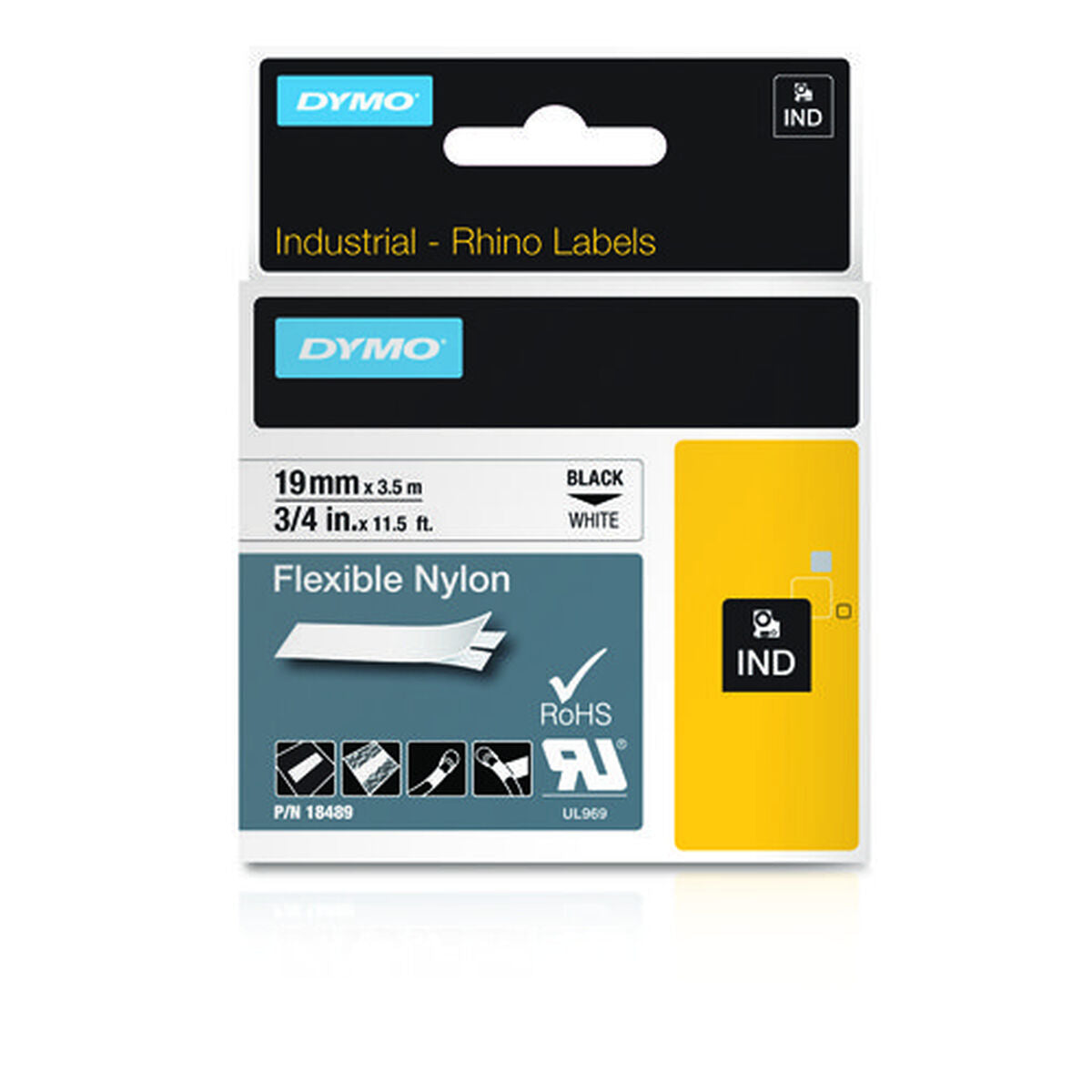 DYMO Rhino étiquette industrielle Nylon flexible 19 mm x 3,5 mm noir/blanc