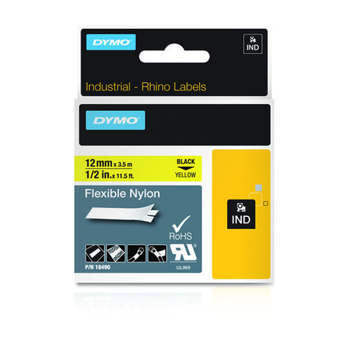 DYMO Rhino étiquette industrielle Nylon flexible 12 mm x 3,5 mm noir/jaune