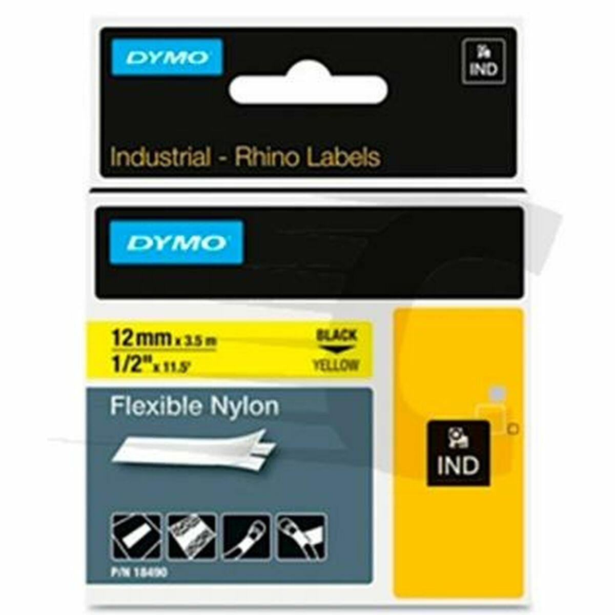DYMO Rhino étiquette industrielle Nylon flexible 12 mm x 3,5 mm noir/jaune