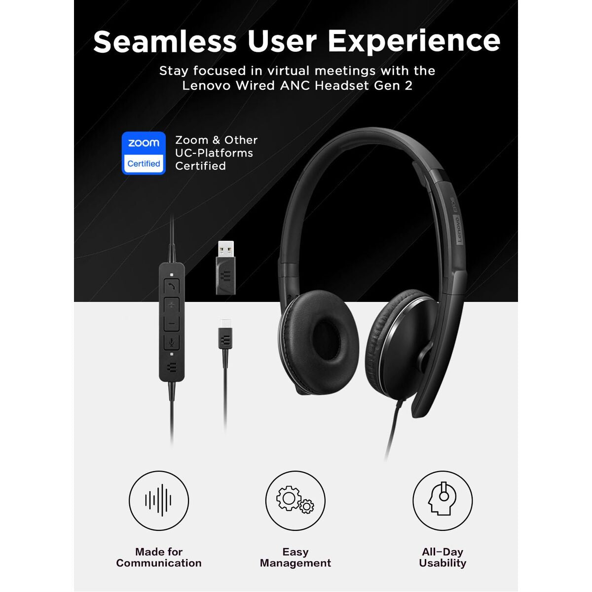 LENOVO - Gen 2 - Micro-casque - sur-oreille - filaire - USB-C - noir - certifié Zoom