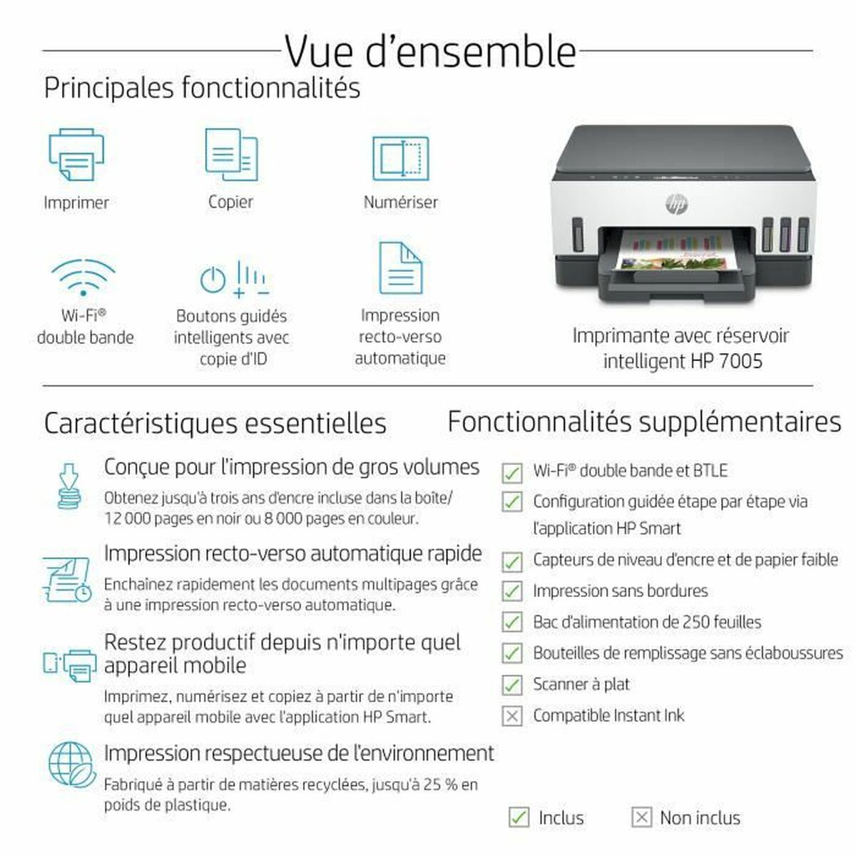 HP Smart Tank 7005 All-in-One MFP colour inkjet refillable A4 15ppm Print 250sheets USB Bluetooth imprimante Wi-Fi multifonction
