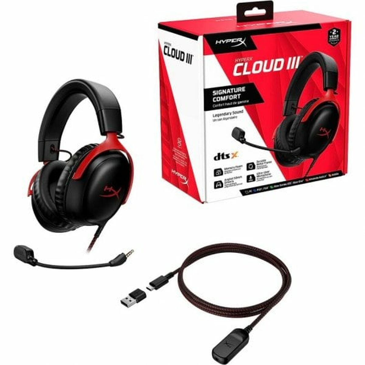 Casque HyperX Cloud III avec microphone, minijack 3,5 mm + USB, noir-rouge
