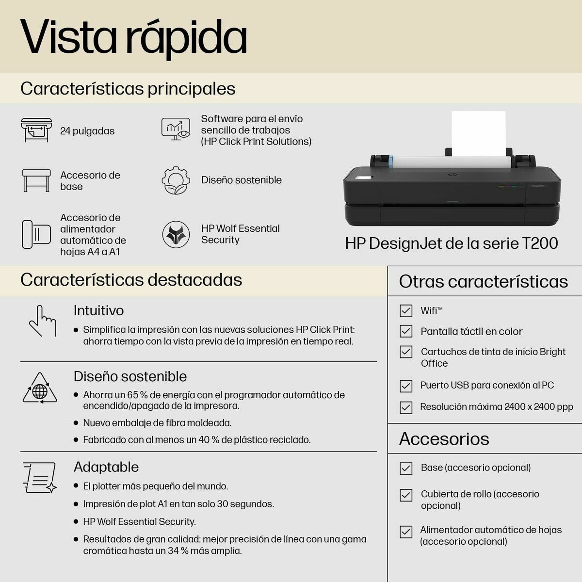 HP DesignJet T230 24p LFP 2025 Colour Ink-Jet A1 ANSI D 2400x1200dpi 0.58 min/page USB LAN Wi-Fi