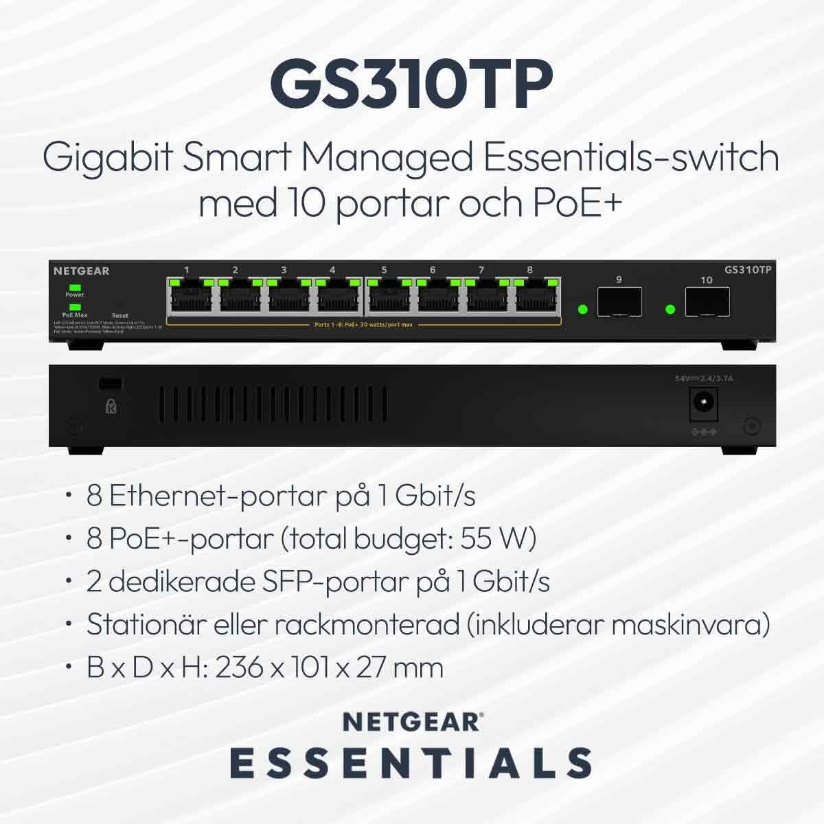 NETGEAR S350 Series 8-Port Gigabit Ethernet PoE+ Smart Managed Essentials Switch with 2 Dedicated SFP Ports