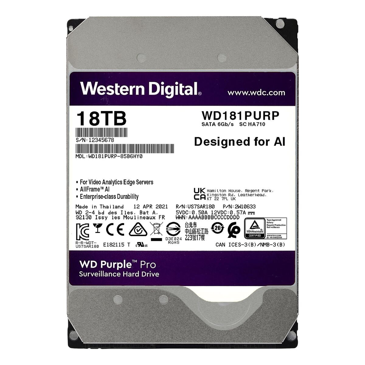 WD Purple Pro 18To SATA 6Gb/s HDD 3.5p internal 7200tpm 512Mo Cache 24x7 Bulk