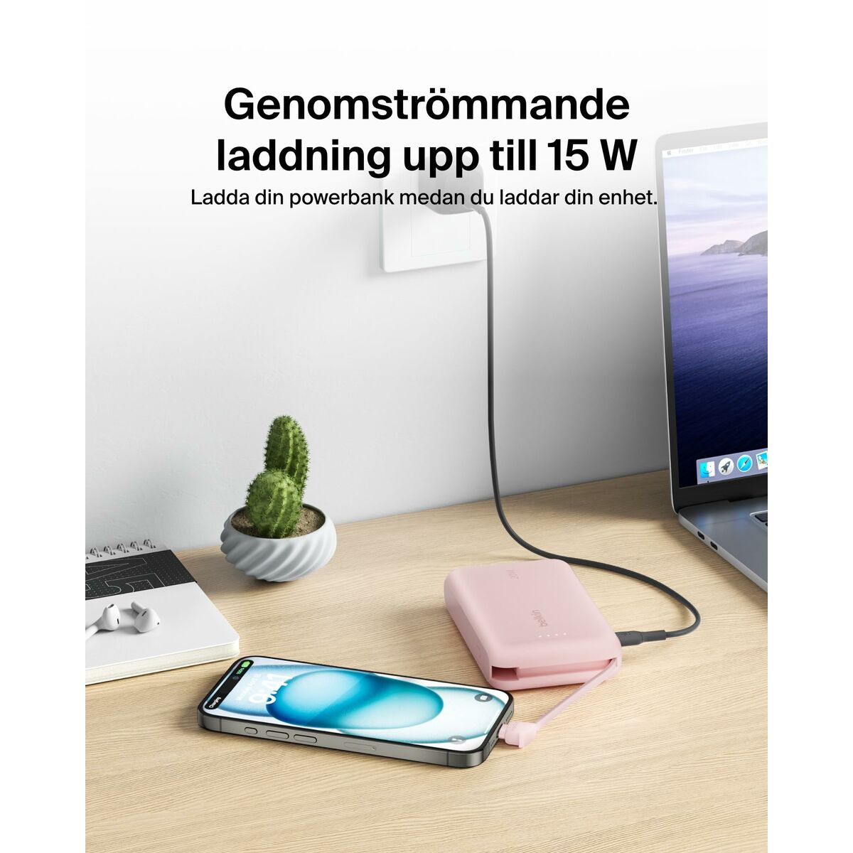BELKIN 10k PD20w Integrated USB-C Cable Power Bank Pink