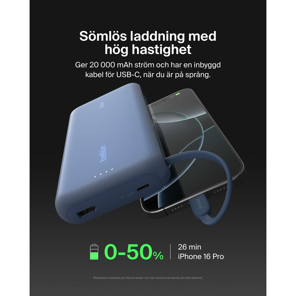 BELKIN 20k PD30w Integrated USB-C Cable Power Bank Blue