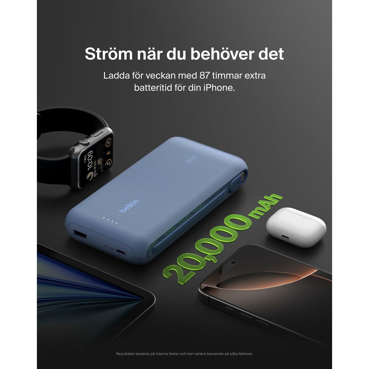 BELKIN 20k PD30w Integrated USB-C Cable Power Bank Blue