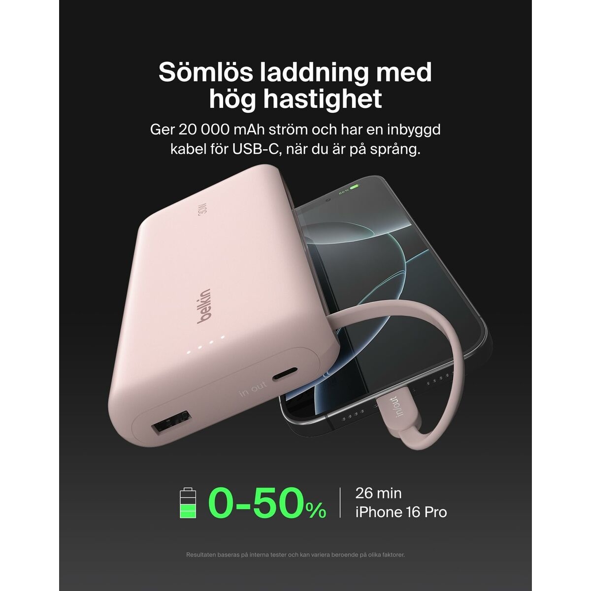 BELKIN 20k PD30w Integrated USB-C Cable Power Bank Pink