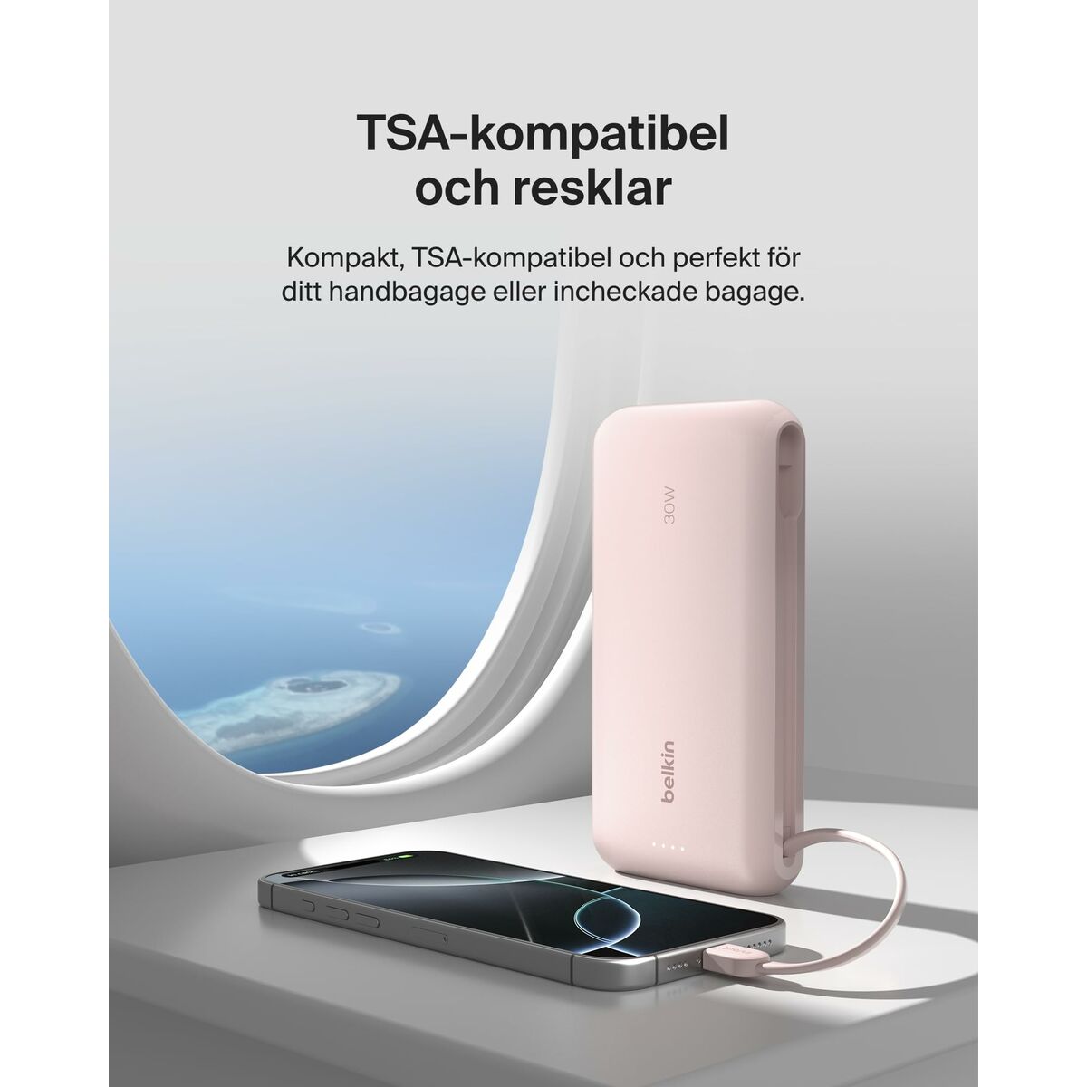 BELKIN 20k PD30w Integrated USB-C Cable Power Bank Pink