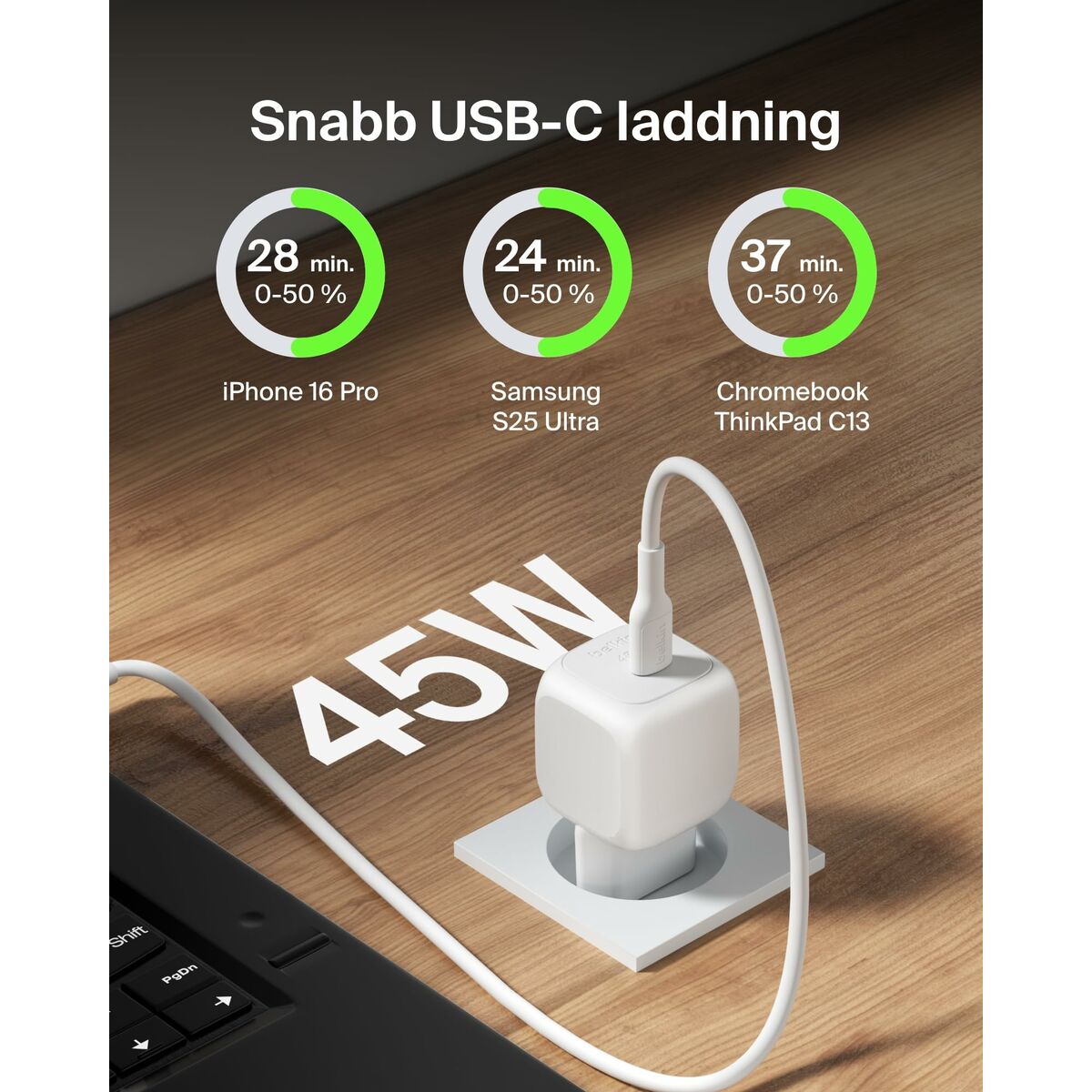BELKIN 45W USB PD Wall Charger with PPS WHT w/ 1m 3aMP PVC C-C Cable