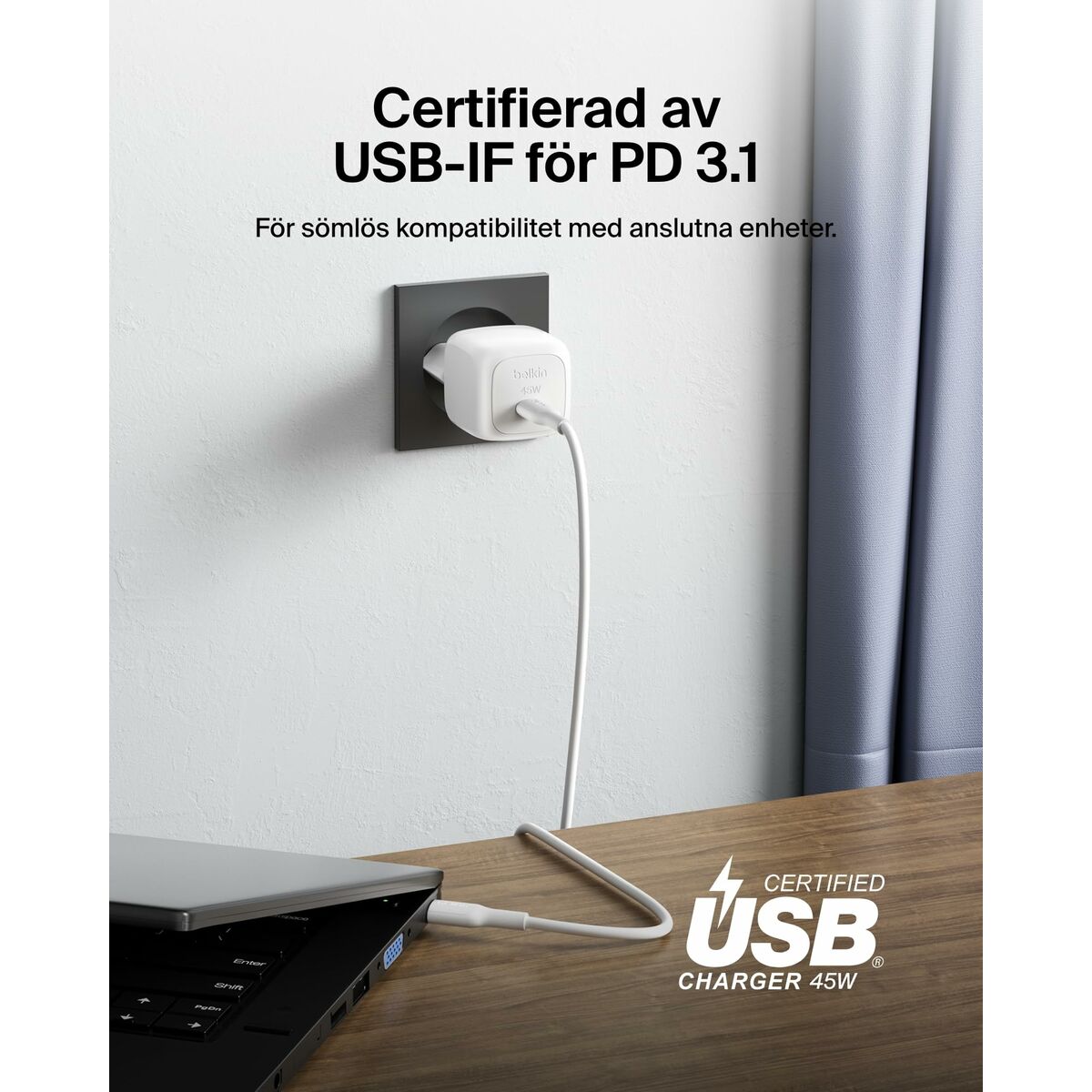 BELKIN 45W USB PD Wall Charger with PPS WHT w/ 1m 3aMP PVC C-C Cable