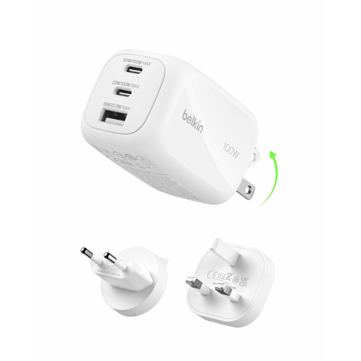 BELKIN BOOSTCHARGE 100w 2C1A Wall Charger with interchangable plug tips UK EU US