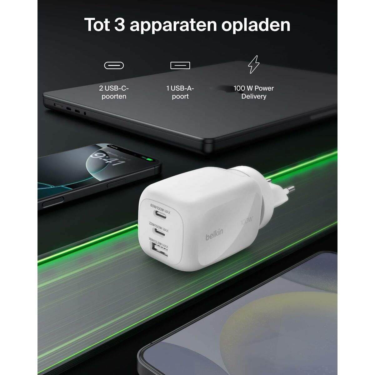 BELKIN BOOSTCHARGE 100w 2C1A Wall Charger with interchangable plug tips UK EU US