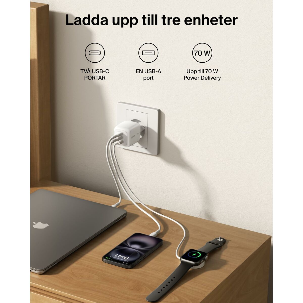 BELKIN BOOST CHARGE 70w 2C1A Wall Charger with interchangeable plug tips UK EU US