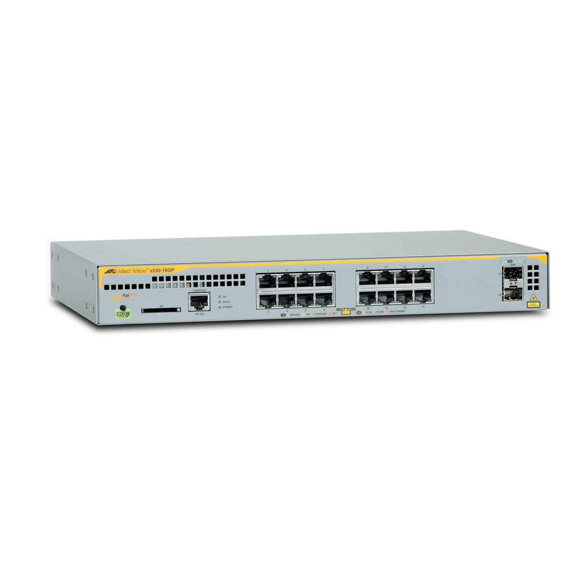 ALLIED L2+ managed switch 16x 10/100/1000Mbps POE ports 2x SFP uplink slots 1 Fixed AC power supply