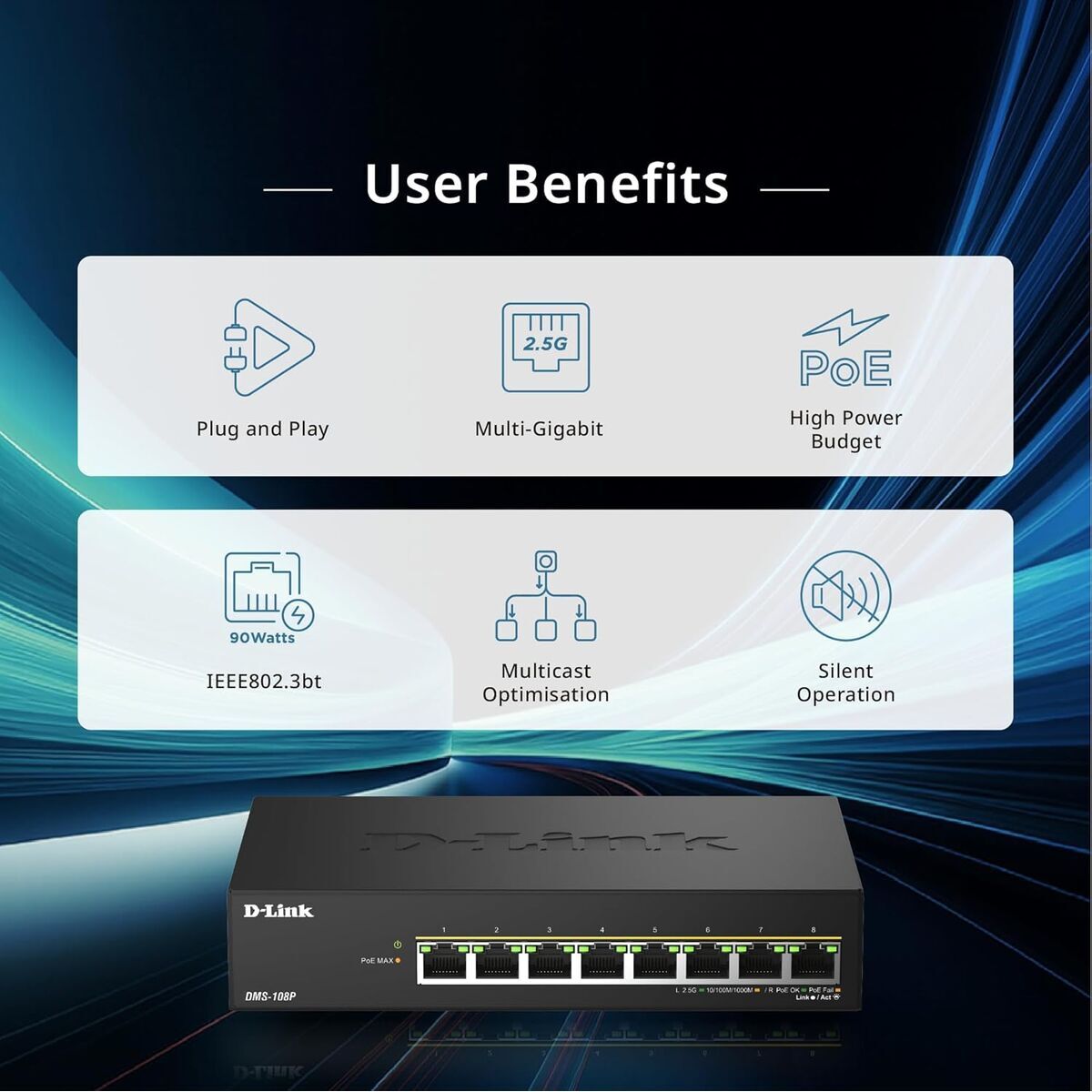 D-LINK 8 ports 2.5G/MultiGig PoE Unmanaged Switch Metal