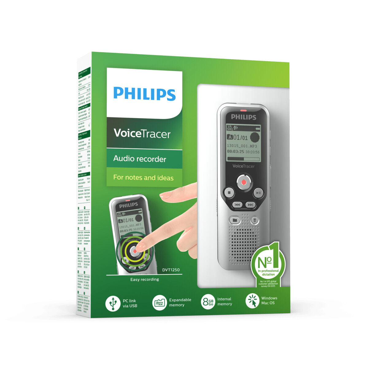 PHILIPS Dictaphone VoiceTracer DVT1250 : Optimisé pour les notes, 1 mic 4Go Mono