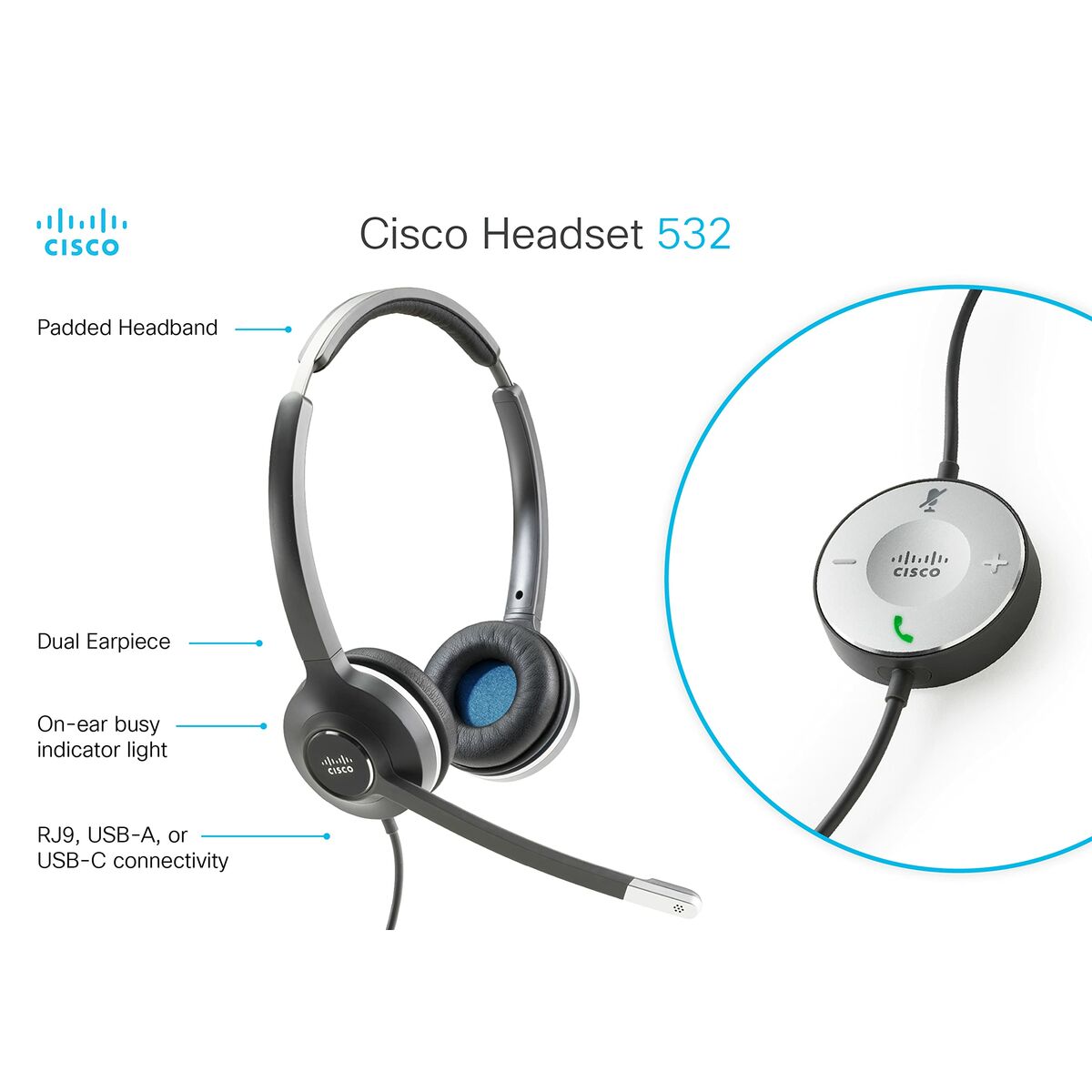 CISCO Headset 532 Wired Dual + QD RJ Headset Cable