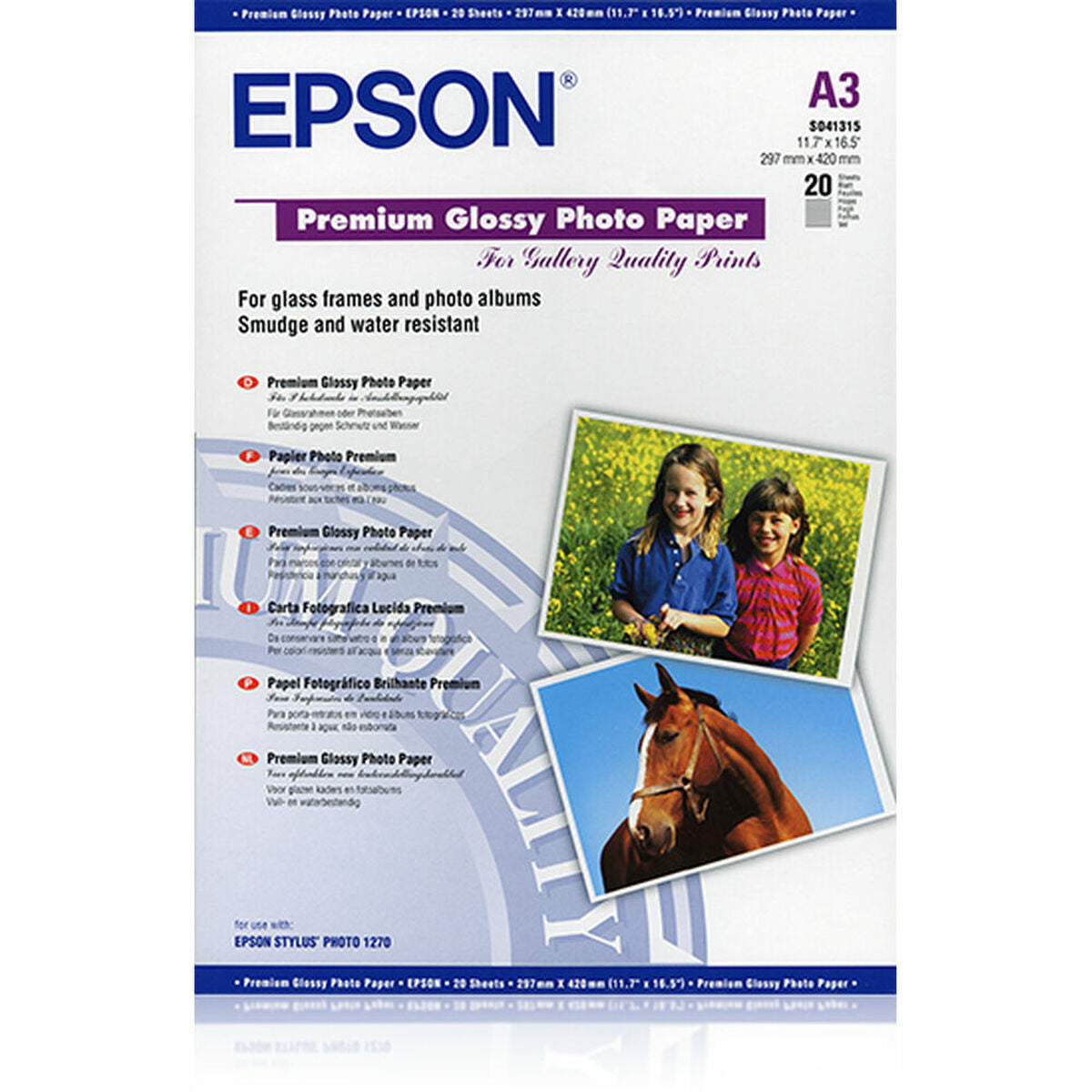 EPSON S041315 brillant photo papier inkjet 255g/m2 A3 20 feuilles pack de 1