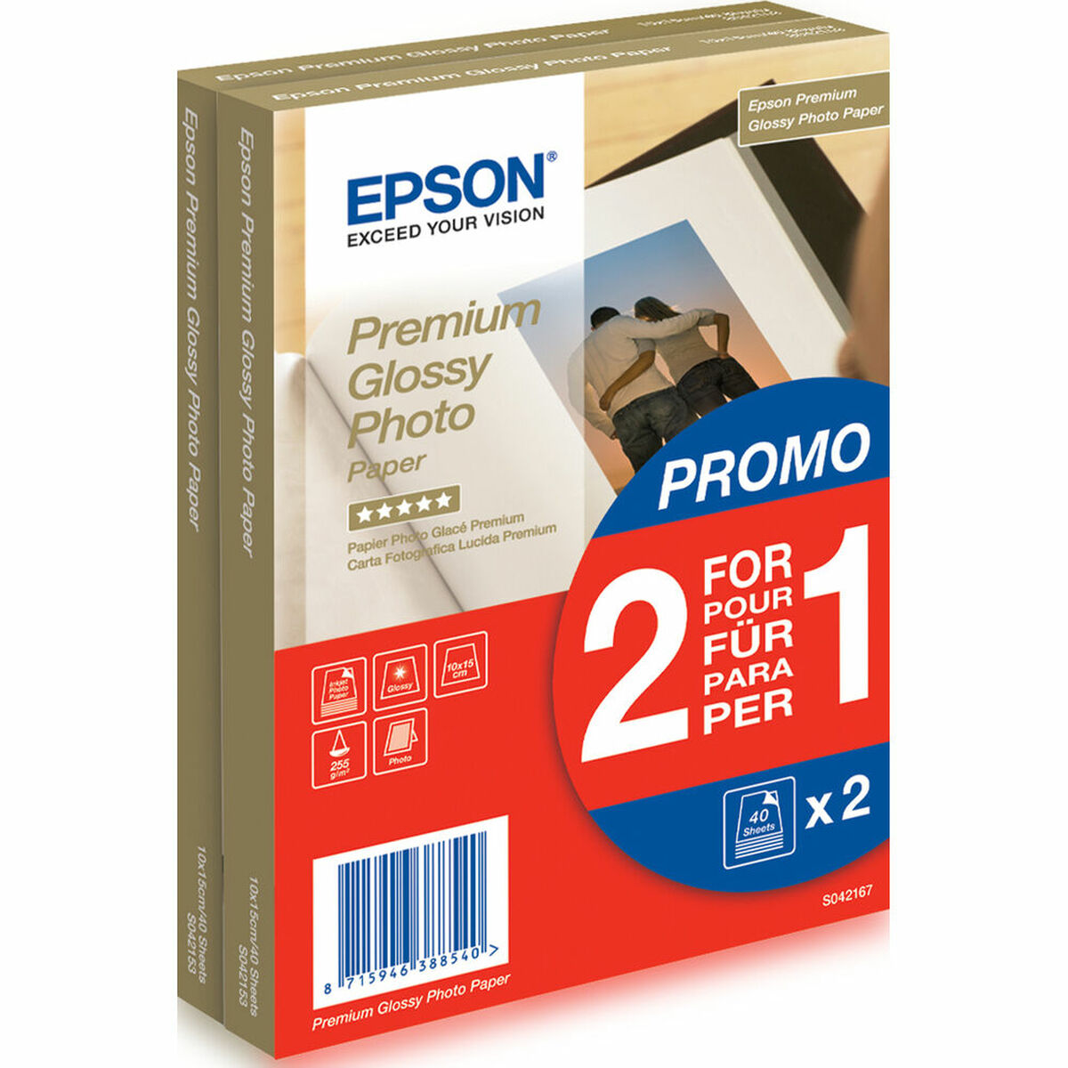 EPSON PREMIUM brillant photo  papier inkjet 255g/m2 100x150mm 2x40 feuilles pack de 1 BOGOF