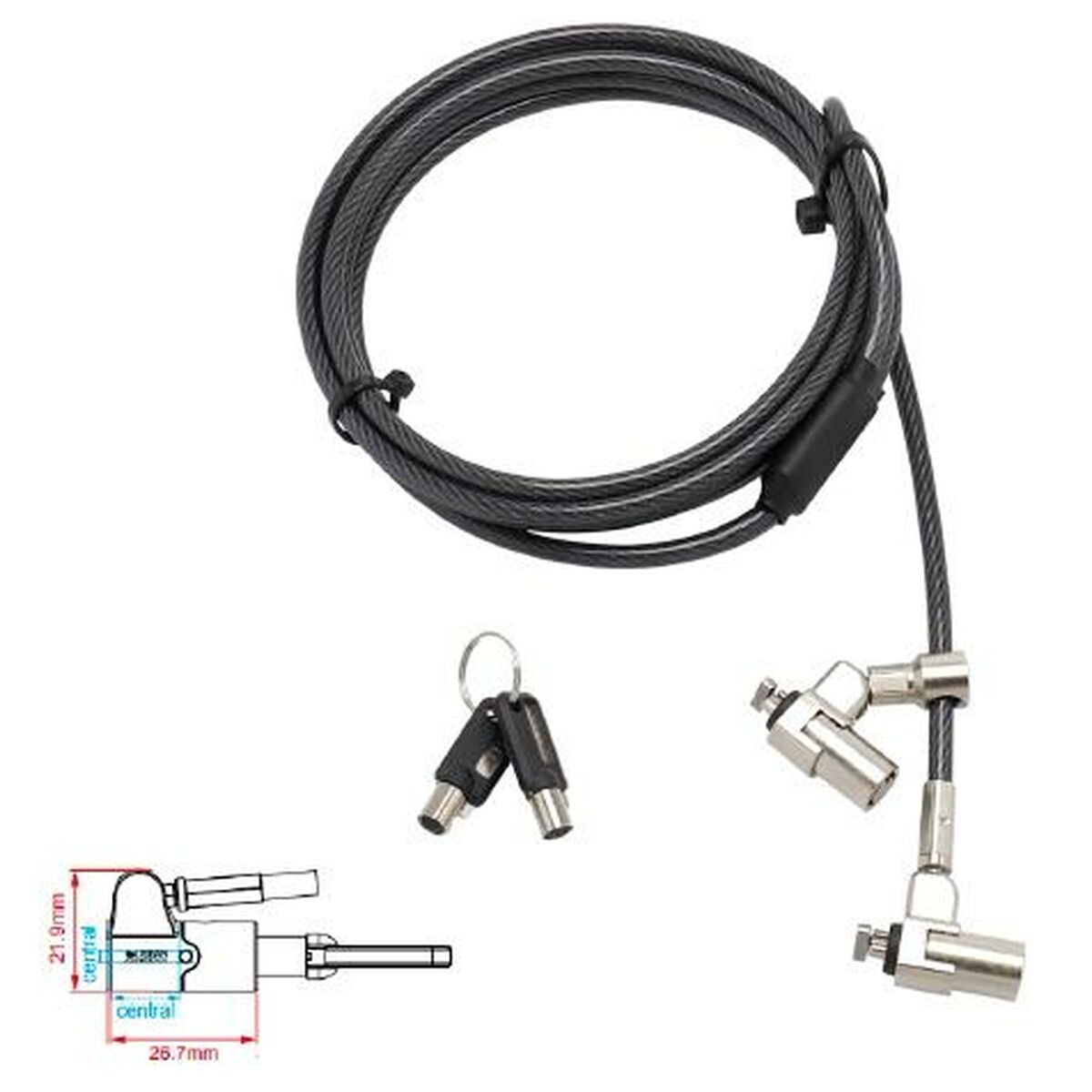 URBAN FACTORY Double Head Security Cable For Notebook With 2 T-Bar Type Locks 11Mm Master Key Compatible